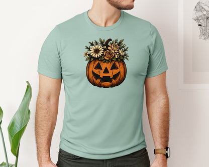 brand:Bella Canvas|color:Dusty Blue|Trendy Grunge Floral Pumpkin Vintage Graphic T-Shirt