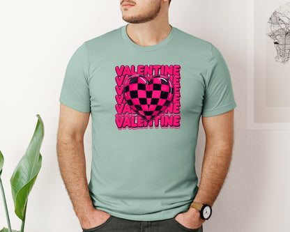 brand:Bella Canvas|color:Dusty Blue|Retro Checker Heart Valentine Love Graphic T-Shirt