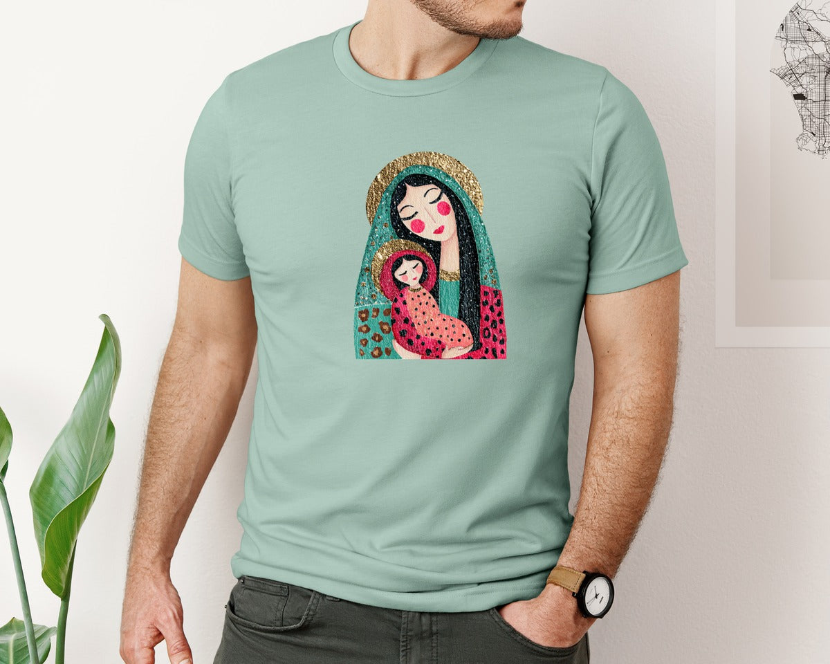 brand:Bella Canvas|color:Dusty Blue|Sparkling Nativity Mother Child Graphic T-Shirt