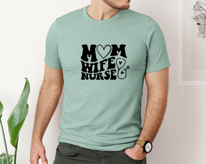 brand:Bella Canvas|color:Dusty Blue|Mom Wife Nurse Wavy Graphic T-Shirt