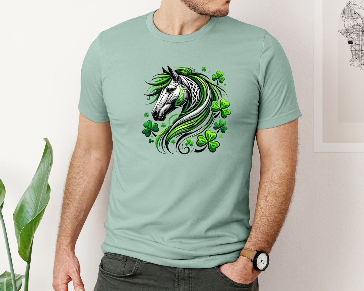 brand:Bella Canvas|color:Dusty Blue|St Patricks Day Horse Lucky Graphic T-Shirt