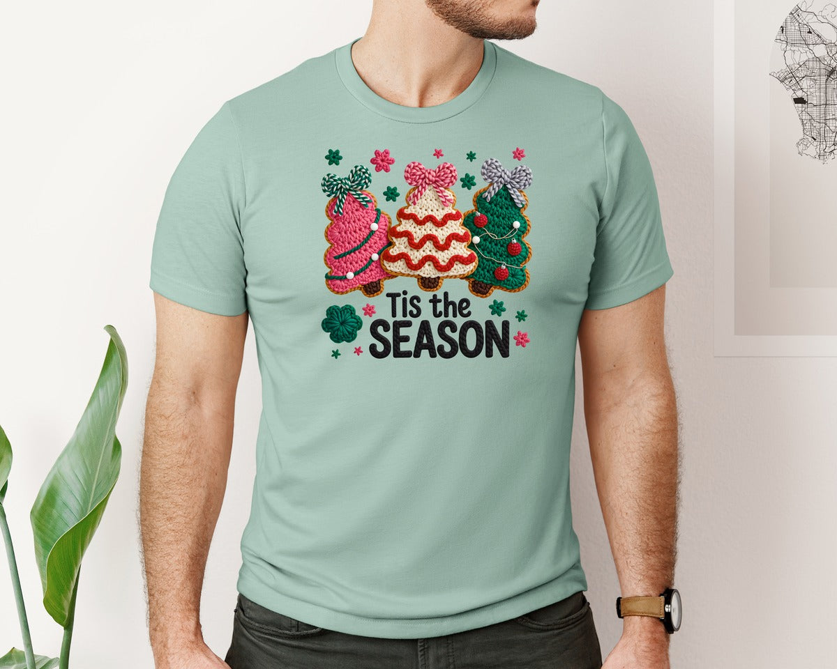 brand:Bella Canvas|color:Dusty Blue|Faux Yarn Crochet Christmas Tree 2 Graphic T-Shirt