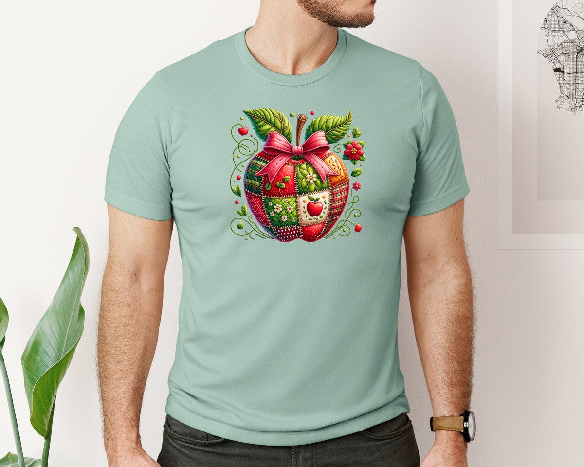 brand:Bella Canvas|color:Dusty Blue|Patchwork Coquette School Apple Graphic T-Shirt