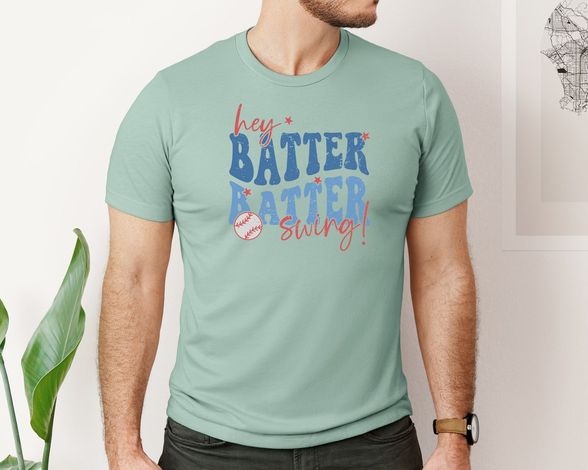 brand:Bella Canvas|color:Dusty Blue|Retro Baseball Hey Batter Batter Swing Graphic T-Shirt