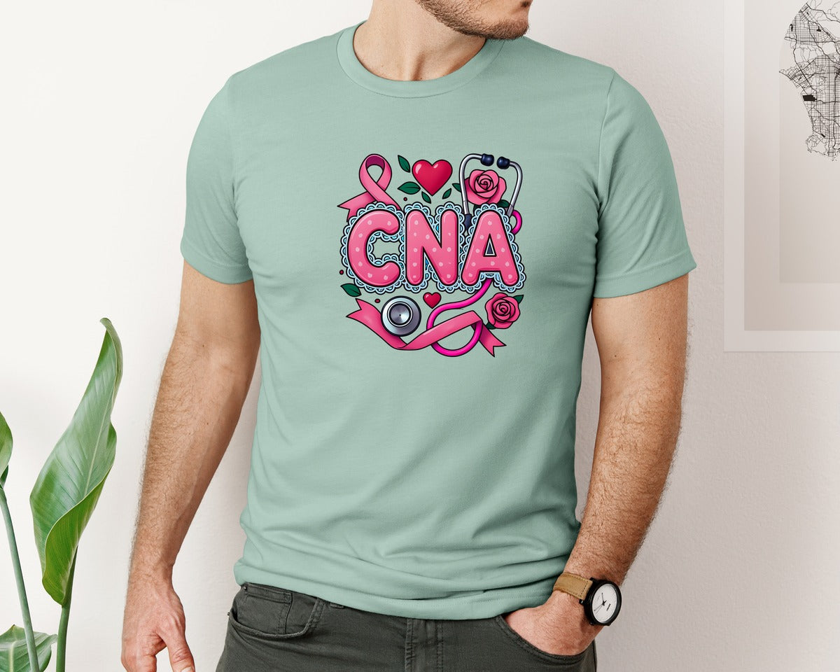 brand:Bella Canvas|color:Dusty Blue|Cna Breast Cancer Awareness Pink Graphic T-Shirt