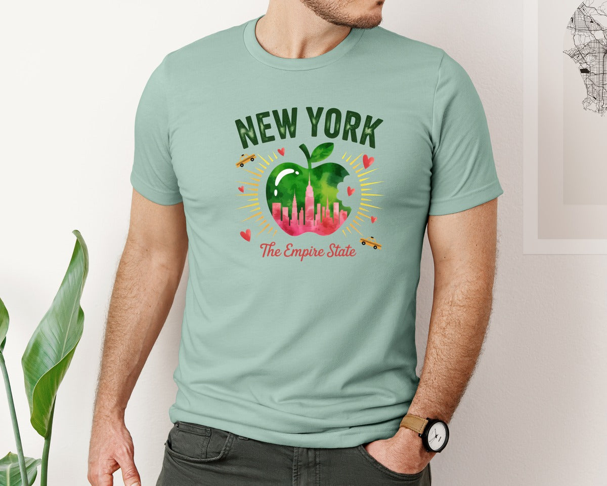 brand:Bella Canvas|color:Dusty Blue|New York The Empire State Apple Graphic T-Shirt