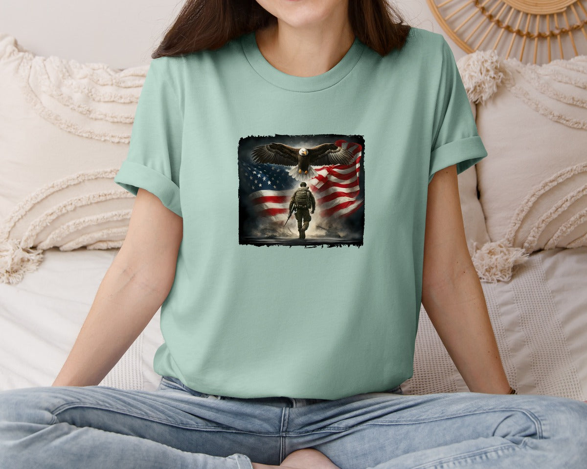 brand:Bella Canvas|color:Dusty Blue|Patriotic Military Eagle Usa Eagle Art Graphic T-Shirt
