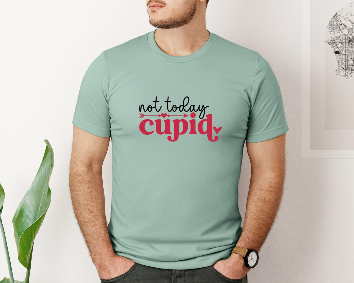 brand:Bella Canvas|color:Dusty Blue|Not Today Cupid Valentines Day Graphic T-Shirt