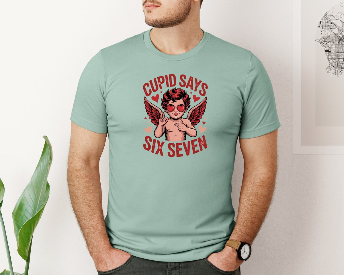 brand:Bella Canvas|color:Dusty Blue|Cupid Says Six Seven Valentine Graphic T-Shirt
