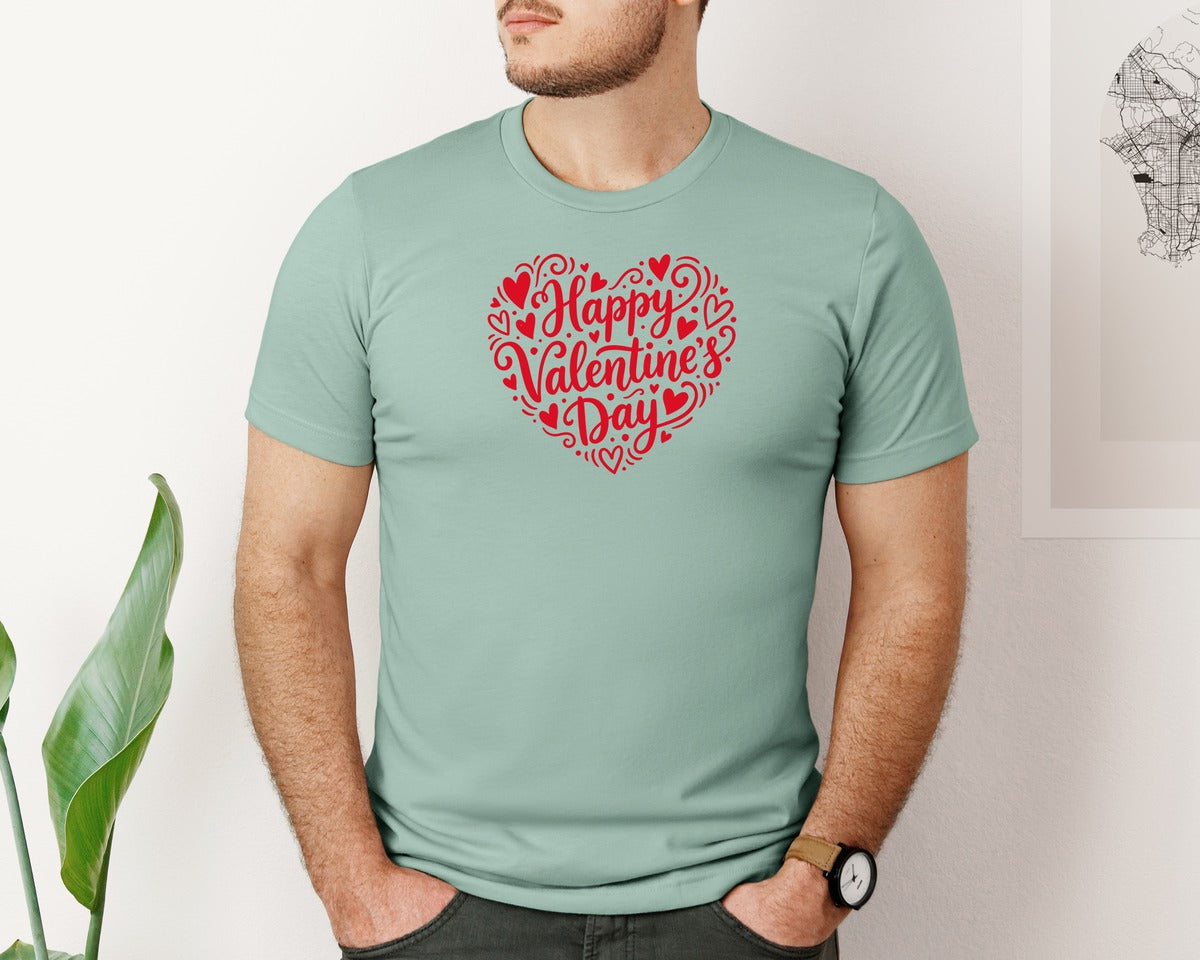 brand:Bella Canvas|color:Dusty Blue|Happy Valentines Day Typography Heart Graphic T-Shirt