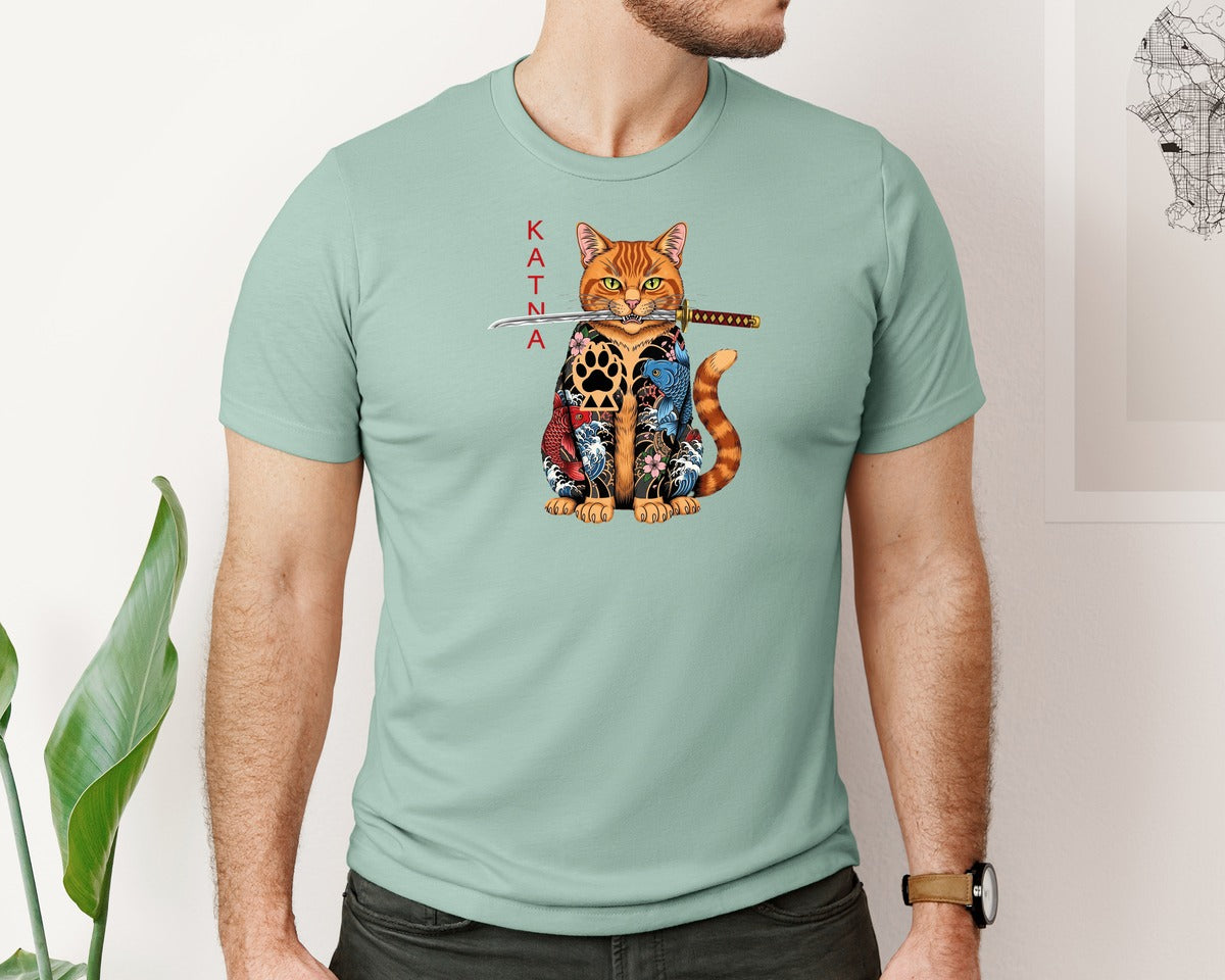 brand:Bella Canvas|color:Dusty Blue|Katana Yakuza Cat Japanese Tattoo Graphic T-Shirt