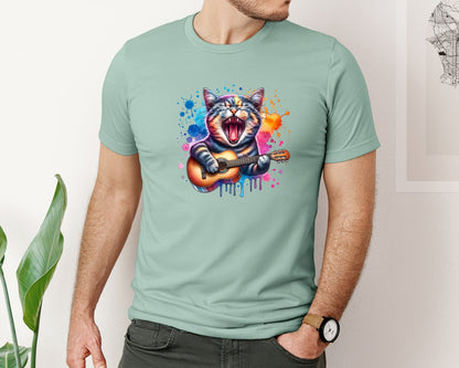 brand:Bella Canvas|color:Dusty Blue|Colorful Funny Cat Music Guitar Graphic T-Shirt