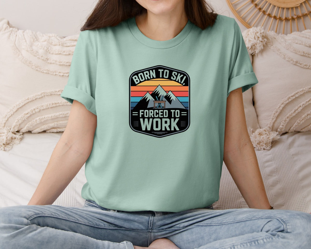 brand:Bella Canvas|color:Dusty Blue|Born To Ski Forced To Work Winter Graphic T-Shirt