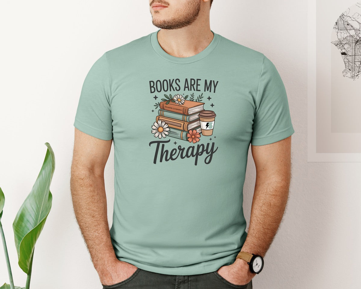 brand:Bella Canvas|color:Dusty Blue|Books Are My Therapy Book Lover 2 Graphic T-Shirt