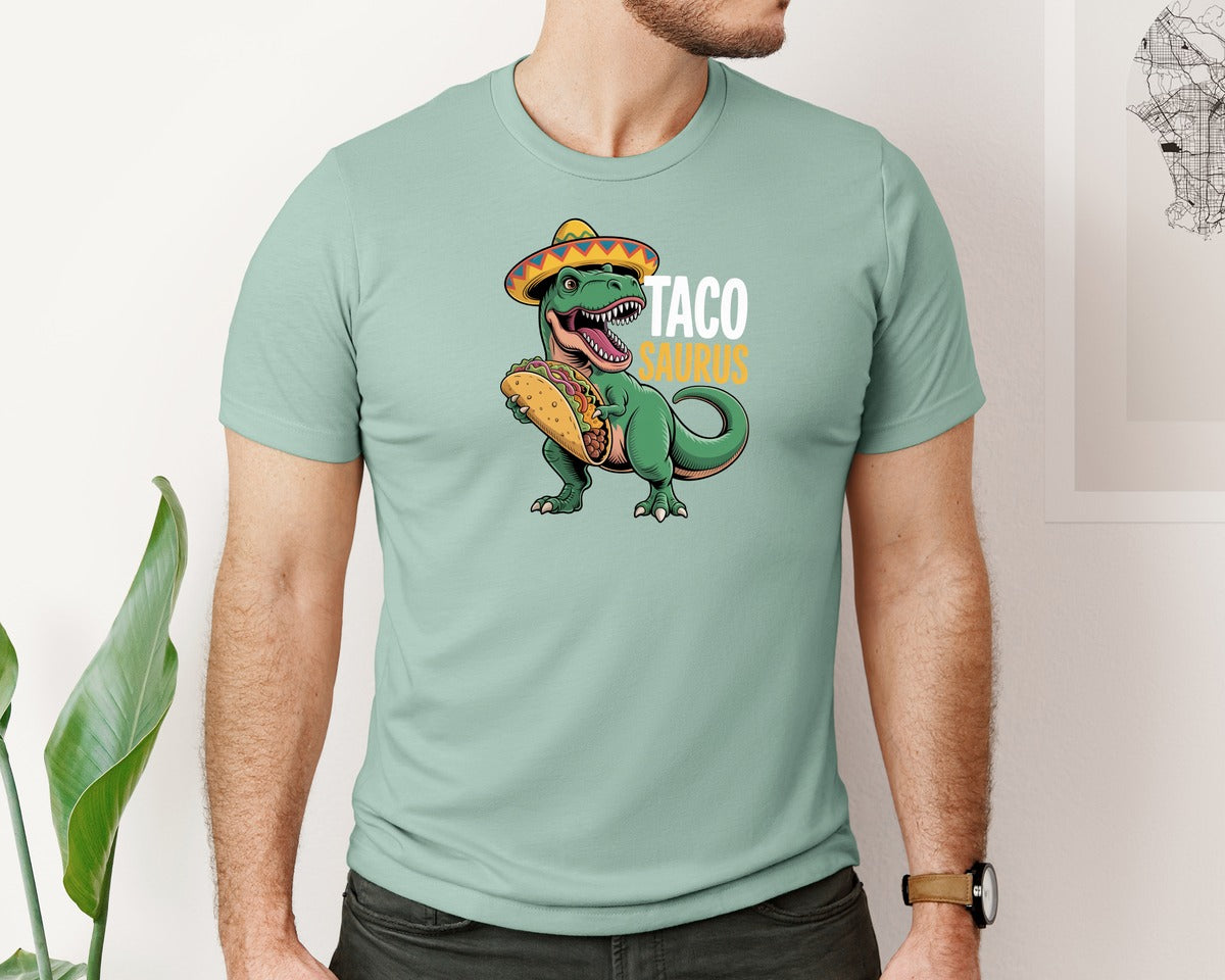 brand:Bella Canvas|color:Dusty Blue|Taco Saurus Funny Taco Dinosaur Graphic T-Shirt
