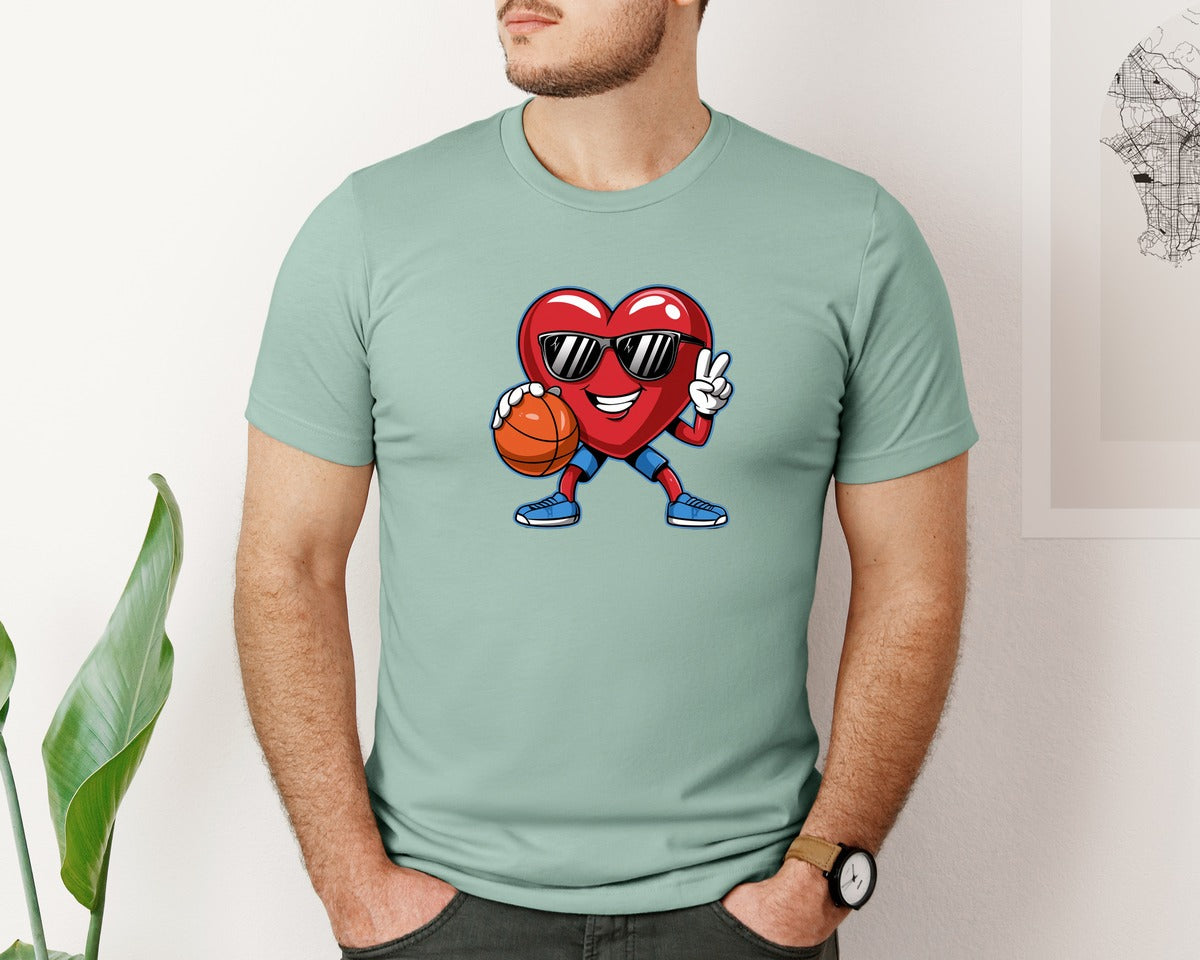 brand:Bella Canvas|color:Dusty Blue|Valentines Day Heart Basketball 5 Graphic T-Shirt