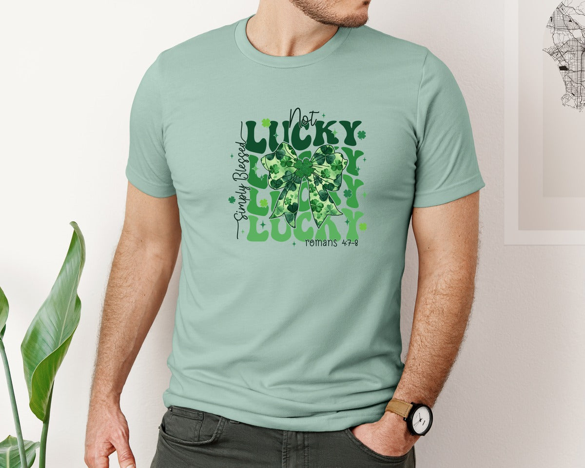 brand:Bella Canvas|color:Dusty Blue|Not Lucky Just Blessed 3 Graphic T-Shirt
