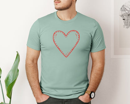 brand:Bella Canvas|color:Dusty Blue|Red Stitched Heart Outline Illustration Graphic T-Shirt