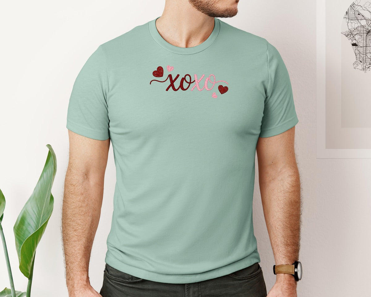 brand:Bella Canvas|color:Dusty Blue|Xoxo Embroidery Style Valentine Graphic T-Shirt