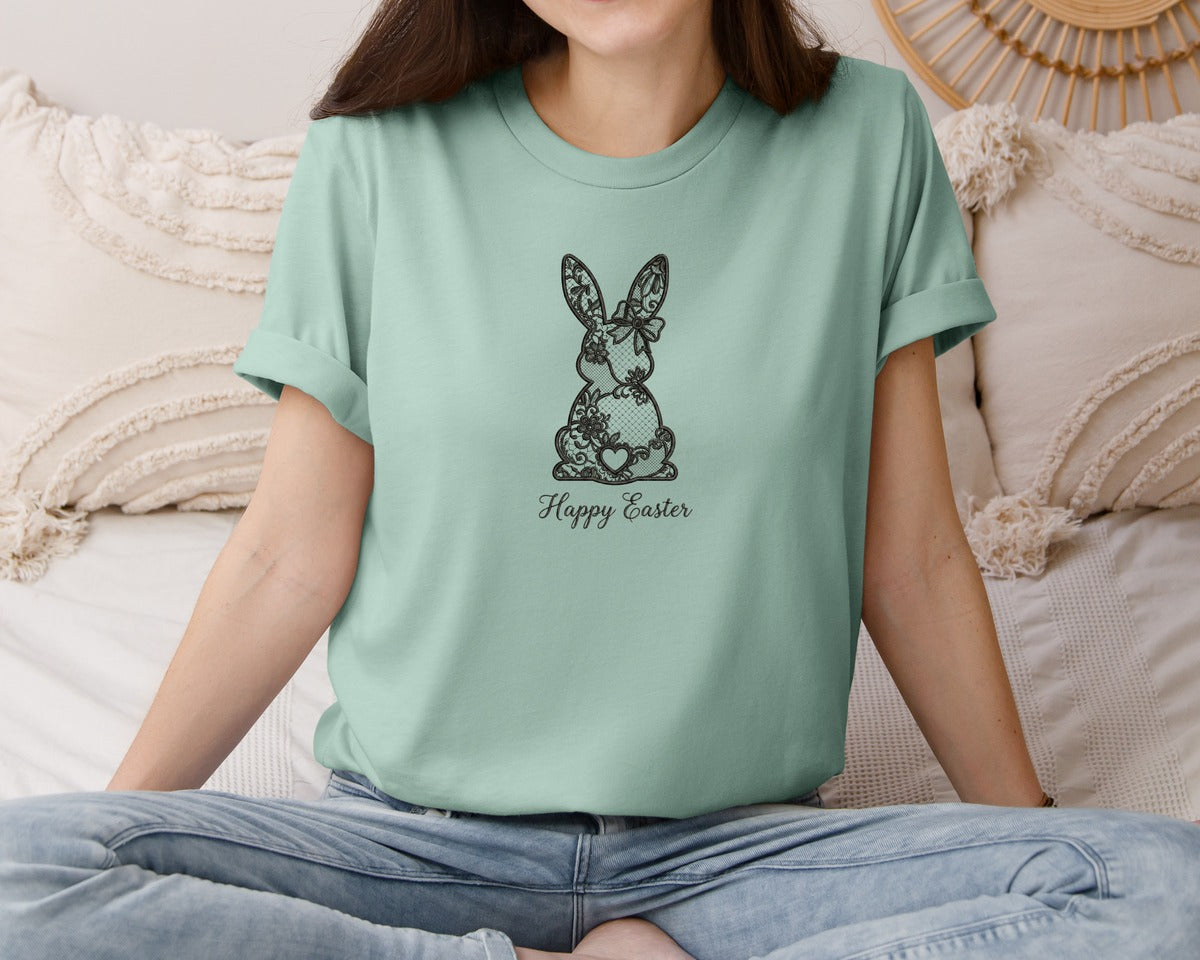 brand:Bella Canvas|color:Dusty Blue|Elegant Lace Easter Bunny Graphic T-Shirt