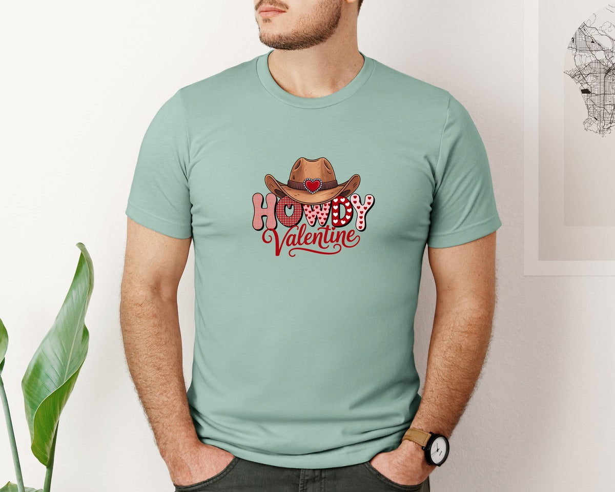 brand:Bella Canvas|color:Dusty Blue|Howdy Valentine Cowboy Hat Graphic T-Shirt