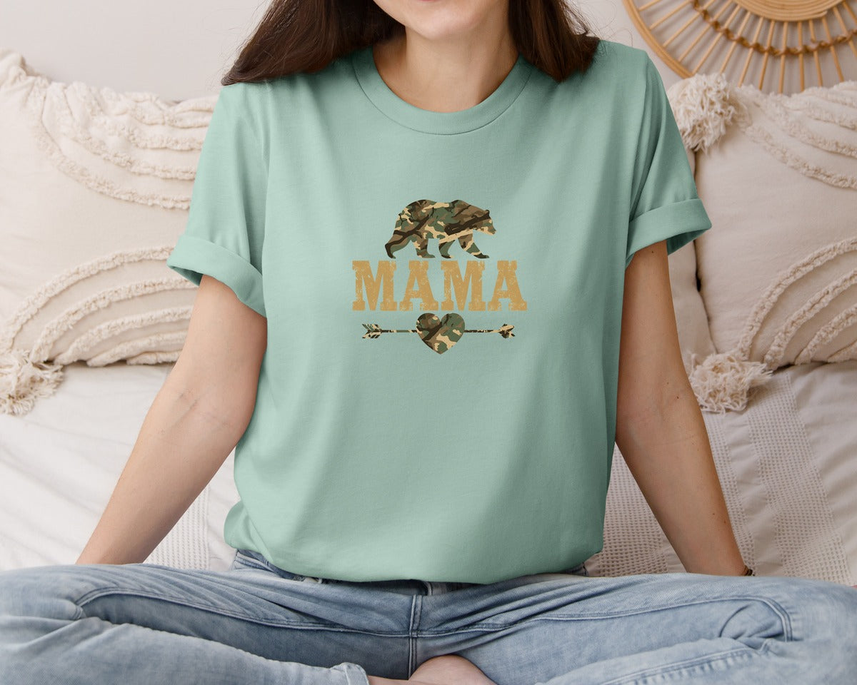 brand:Bella Canvas|color:Dusty Blue|Camo Bear Mama Rustic Hunting Mom Graphic T-Shirt