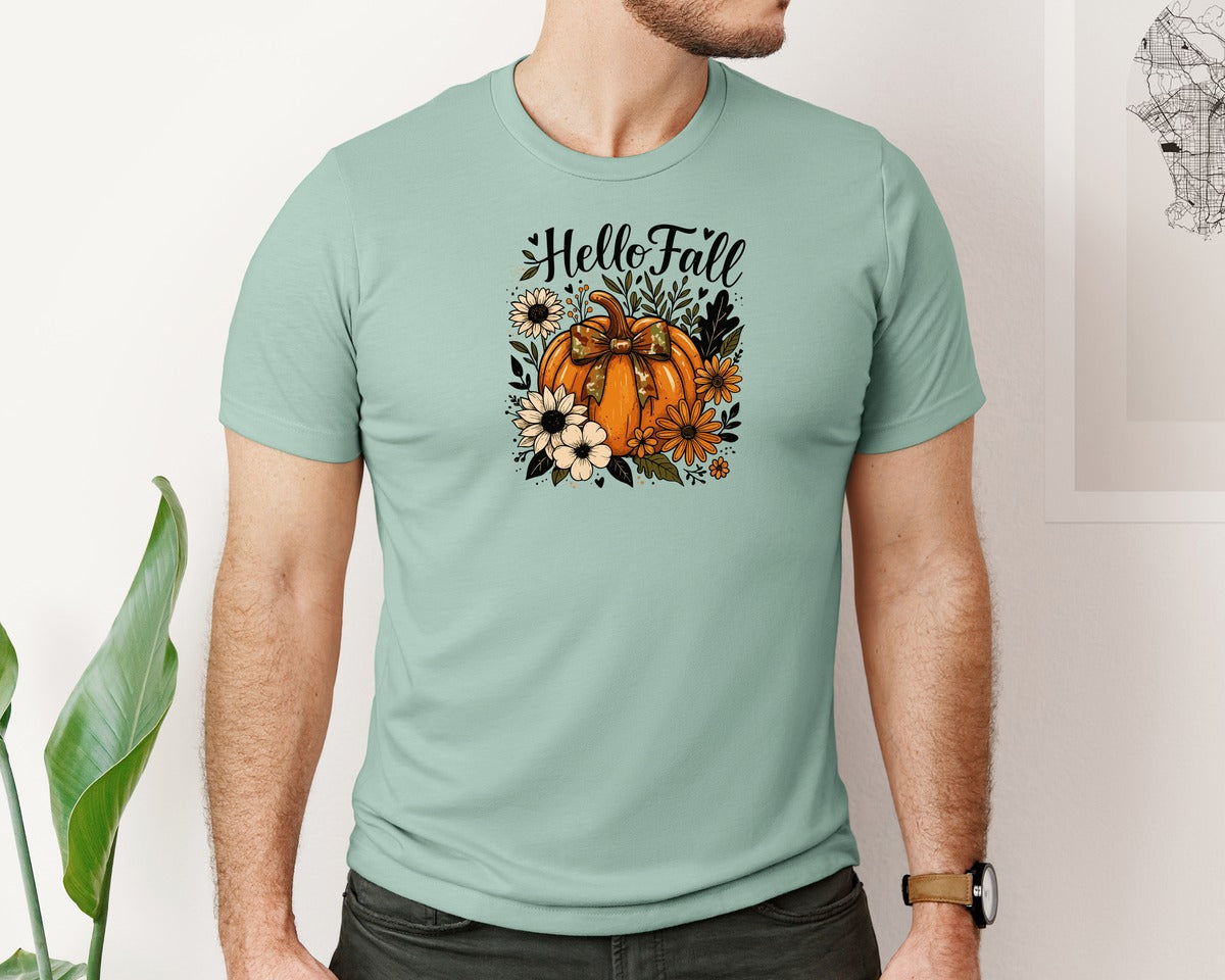 brand:Bella Canvas|color:Dusty Blue|Hello Fall Pumpkin Graphic T-Shirt