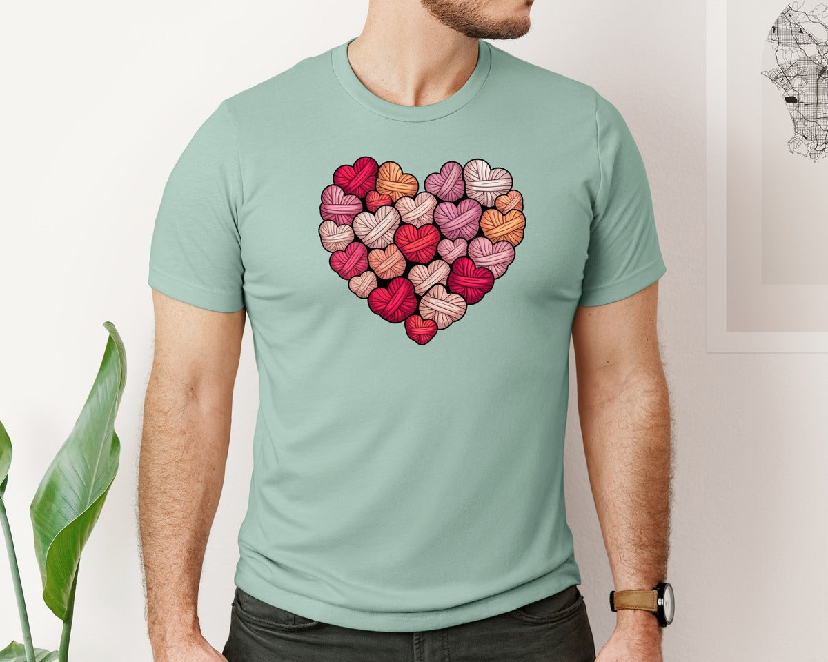 brand:Bella Canvas|color:Dusty Blue|Faux Knitted Love Heart Pink Graphic T-Shirt