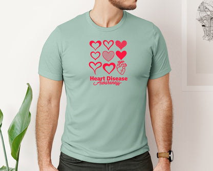 brand:Bella Canvas|color:Dusty Blue|Heart Disease Awareness Hearts Graphic T-Shirt