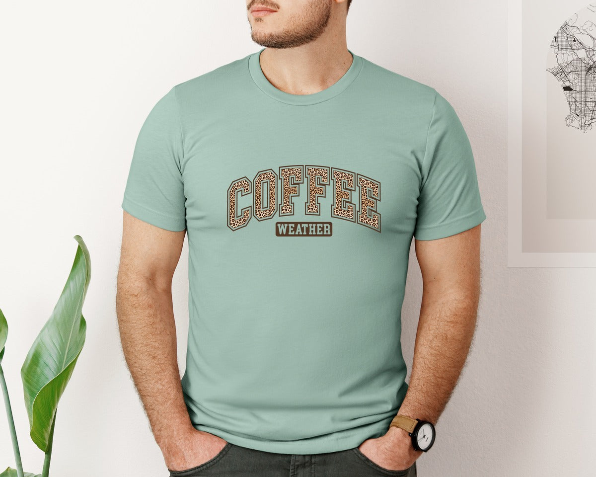 brand:Bella Canvas|color:Dusty Blue|Coffee Weather Leopard Cozy Season Graphic T-Shirt
