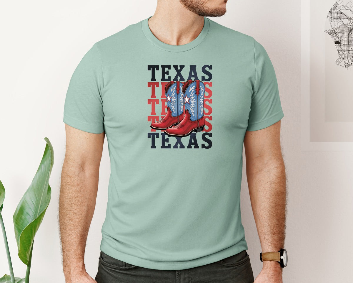 brand:Bella Canvas|color:Dusty Blue|Texas Cowboy Boots Western Rodeo 4 Graphic T-Shirt