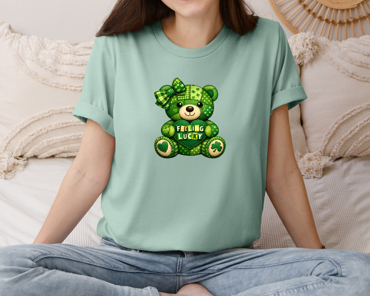 brand:Bella Canvas|color:Dusty Blue|Feeling Lucky Patchwork Teddy Bear Graphic T-Shirt