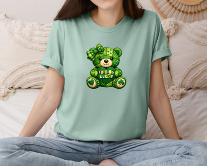 brand:Bella Canvas|color:Dusty Blue|Feeling Lucky Patchwork Teddy Bear Graphic T-Shirt