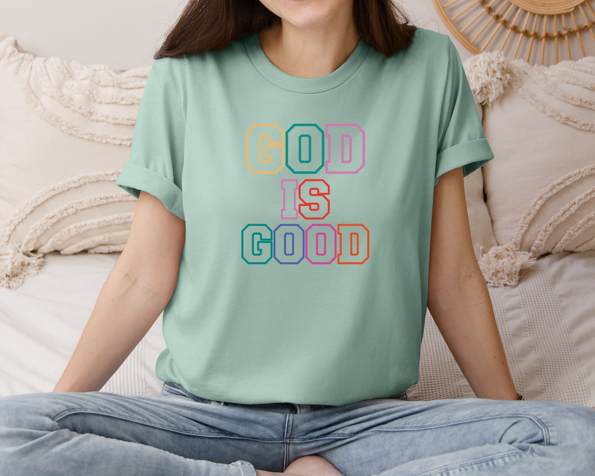 brand:Bella Canvas|color:Dusty Blue|Doodle God Is Good Preppy Retro Chr Graphic T-Shirt