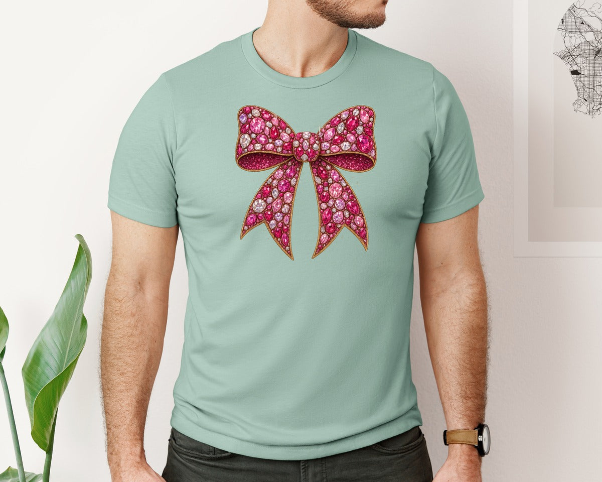 brand:Bella Canvas|color:Dusty Blue|Faux Rhinestone Pink Bow 2 Graphic T-Shirt