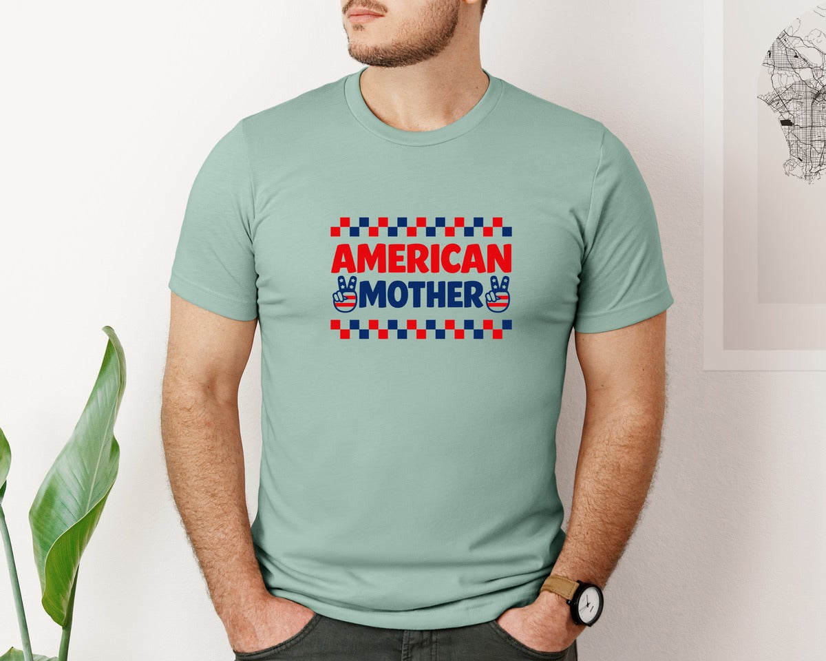 brand:Bella Canvas|color:Dusty Blue|Proud American Mother Design Graphic T-Shirt