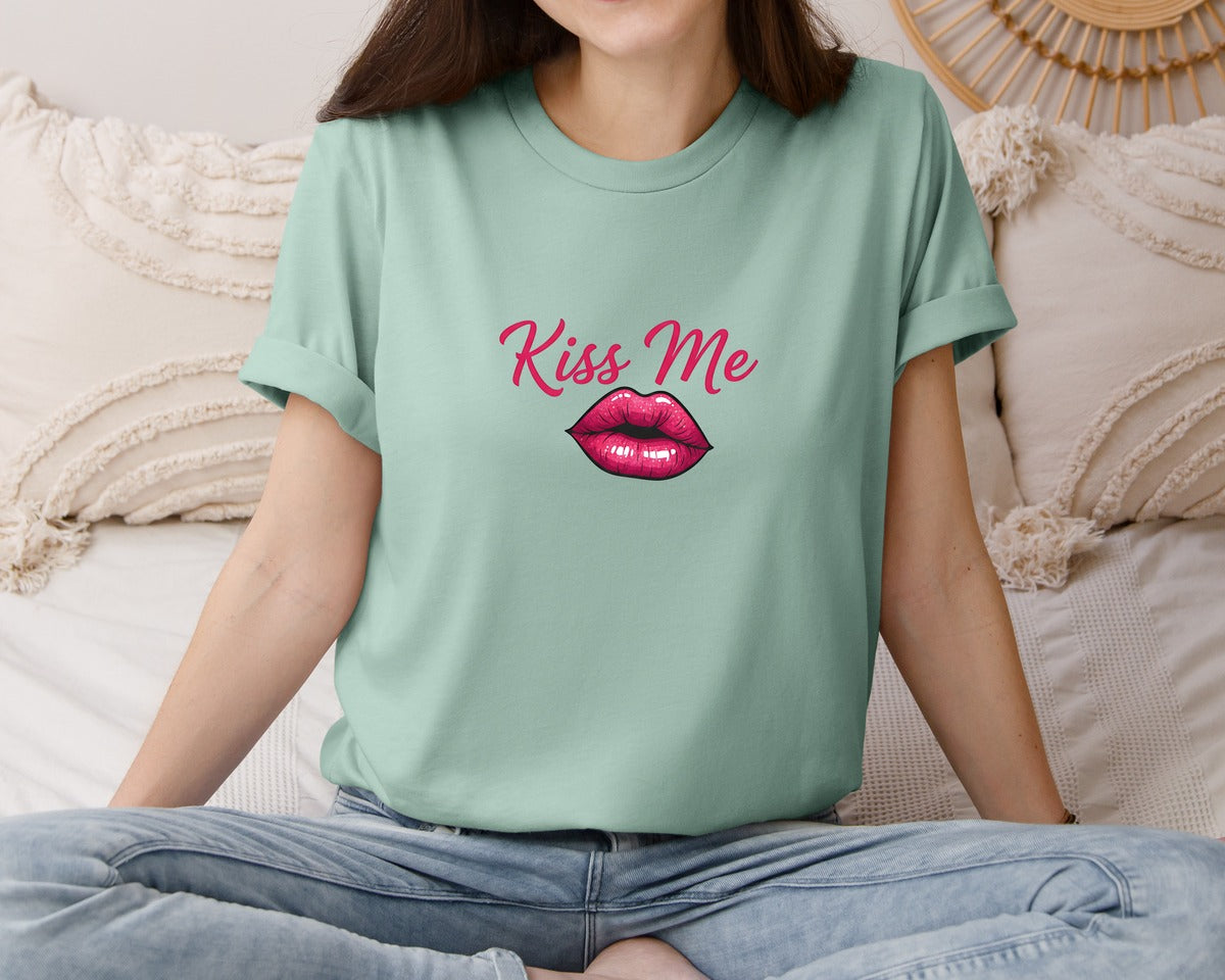 brand:Bella Canvas|color:Dusty Blue|Kiss Me Pngvalentine Day Pink Lipheart Graphic T-Shirt