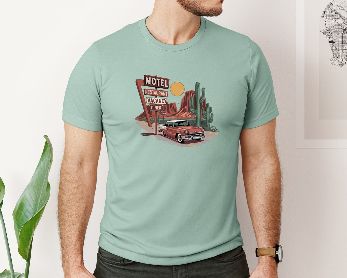brand:Bella Canvas|color:Dusty Blue|Desert Road Trip Vintage Motel Class Graphic T-Shirt