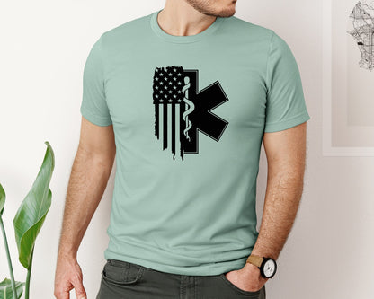 brand:Bella Canvas|color:Dusty Blue|Emt Star Of Life Usa Flag Graphic T-Shirt