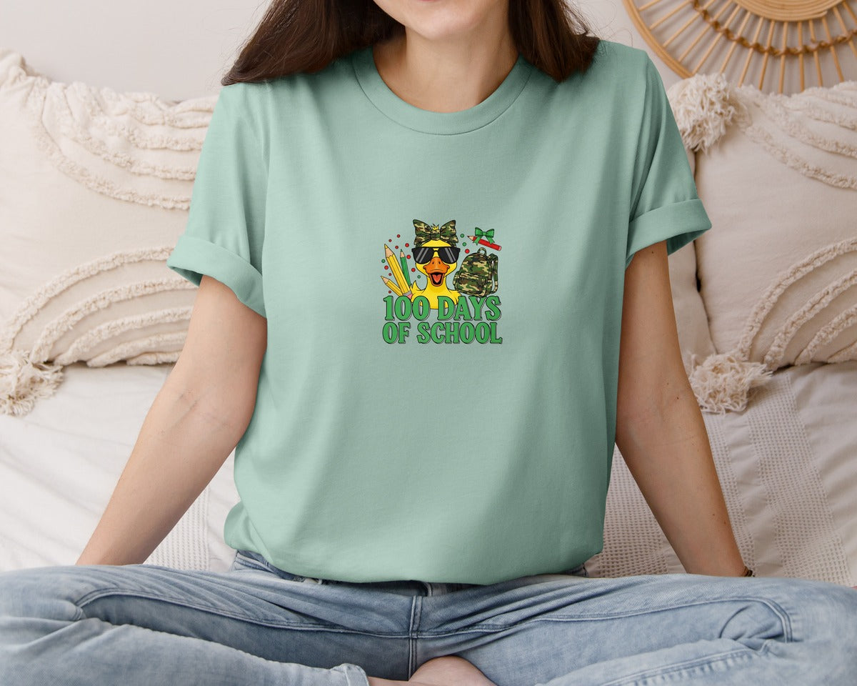 brand:Bella Canvas|color:Dusty Blue|100 Days Of School Duck Graphic T-Shirt
