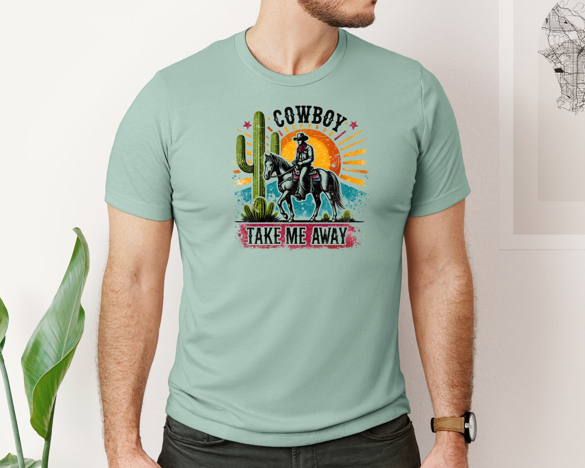 brand:Bella Canvas|color:Dusty Blue|Retro Western Cowboy Take Me Away Graphic T-Shirt