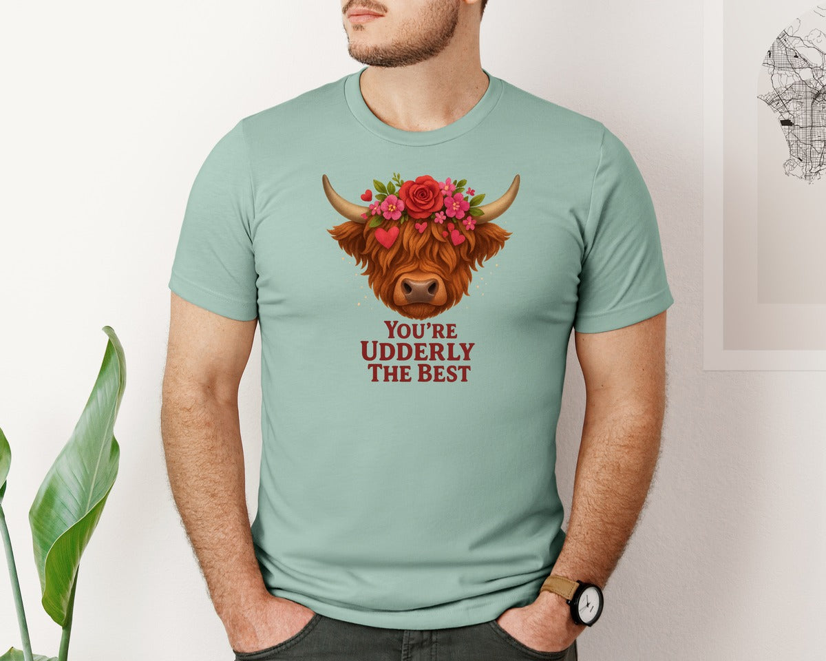 brand:Bella Canvas|color:Dusty Blue|Udderly The Best Highland Cow Clip Graphic T-Shirt