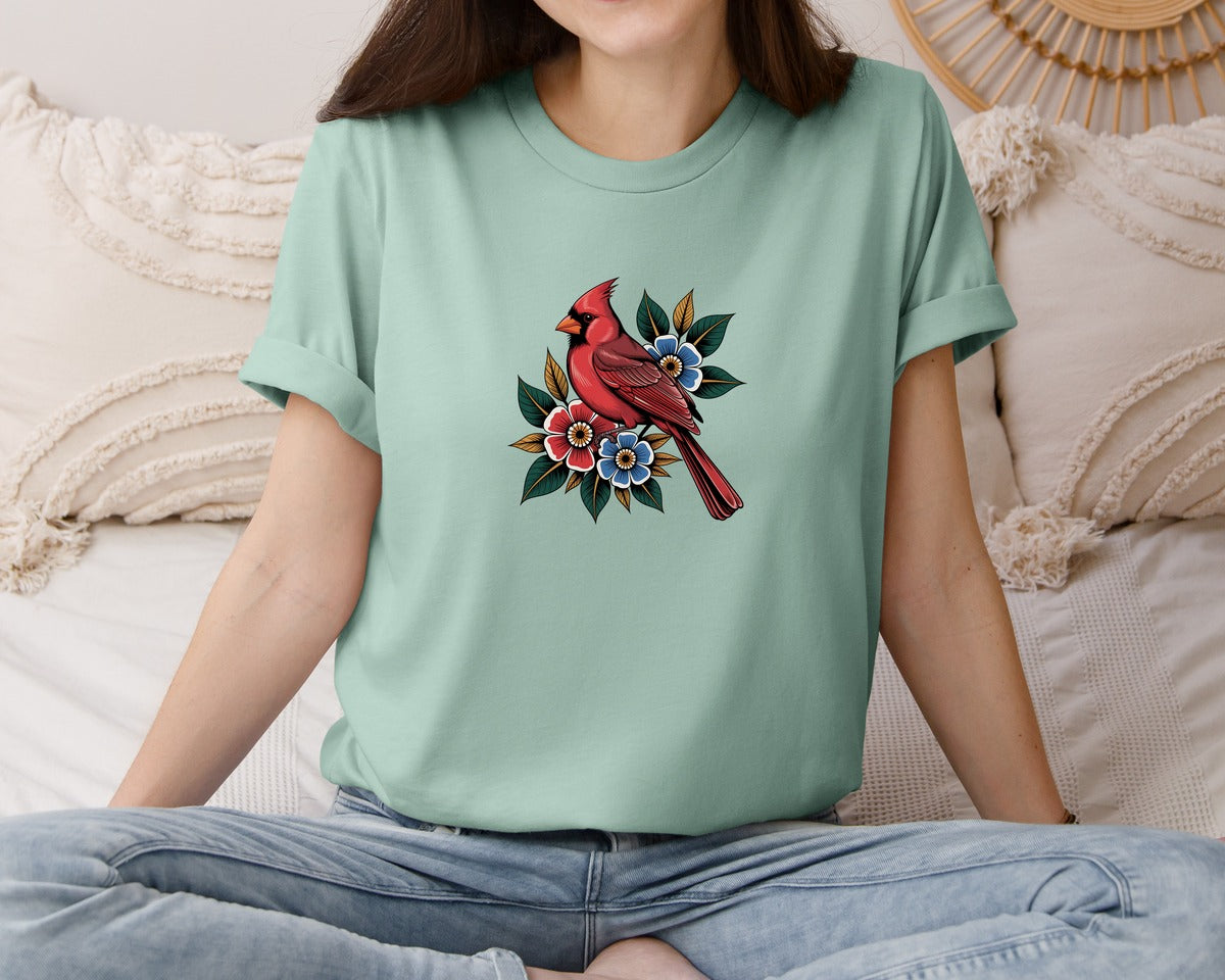 brand:Bella Canvas|color:Dusty Blue|Red Cardinal Bird With Flowers Graphic T-Shirt