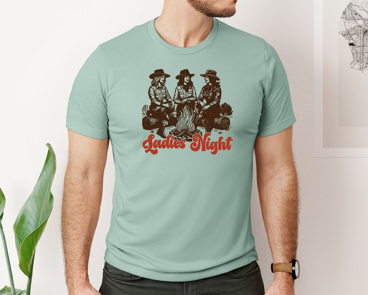 brand:Bella Canvas|color:Dusty Blue|Retro Cowgirl Ladies Night Campfire Graphic T-Shirt