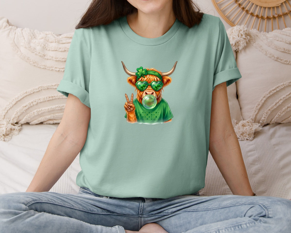 brand:Bella Canvas|color:Dusty Blue|Highland Cow Bubble Gum St Patricks Graphic T-Shirt