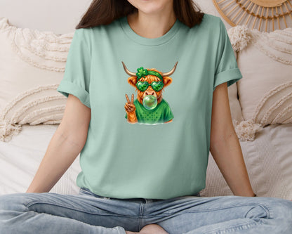 brand:Bella Canvas|color:Dusty Blue|Highland Cow Bubble Gum St Patricks Graphic T-Shirt