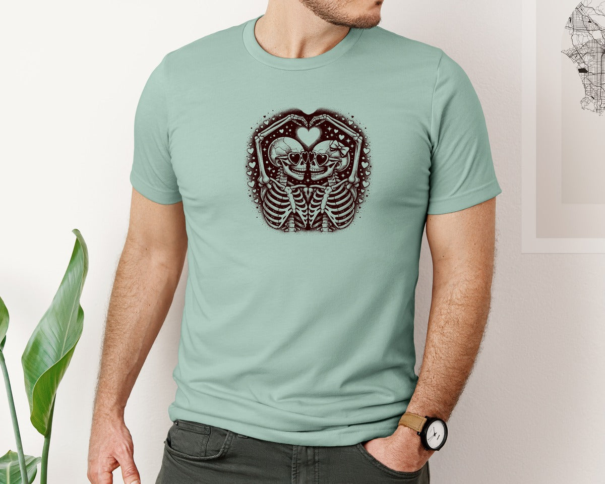 brand:Bella Canvas|color:Dusty Blue|Skeleton Couple Gothic Valentine Graphic T-Shirt