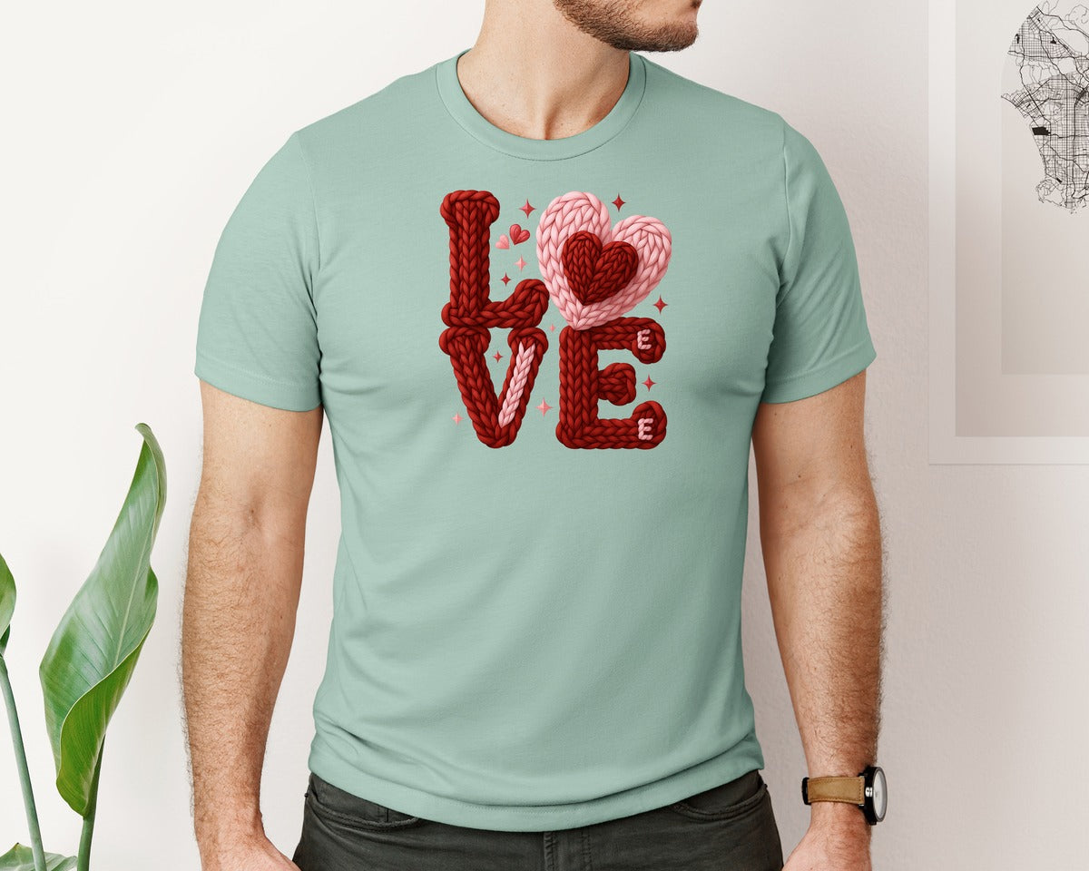 brand:Bella Canvas|color:Dusty Blue|Love Knit Heart Valentine Graphic T-Shirt