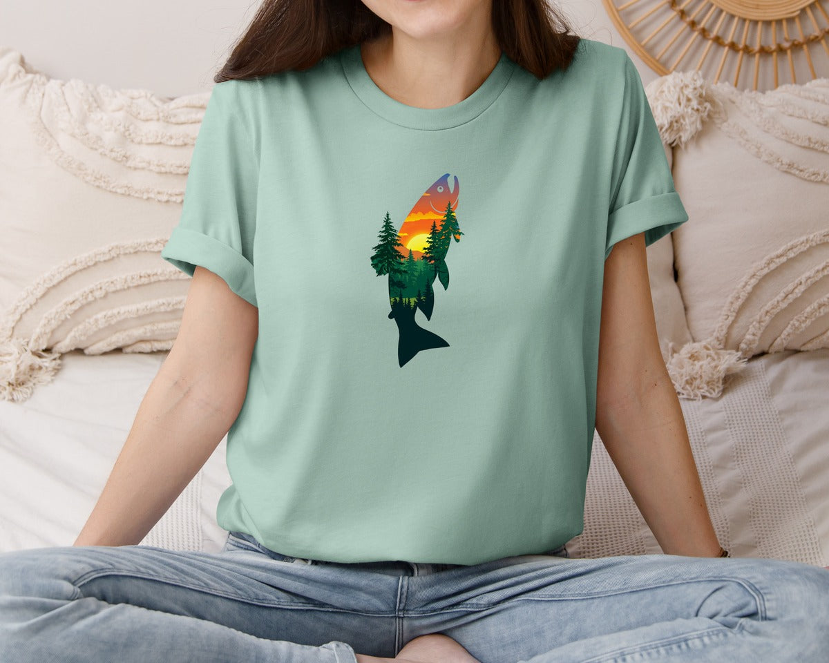 brand:Bella Canvas|color:Dusty Blue|Sunset Trout Double Exposure Fish Graphic T-Shirt