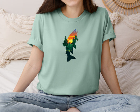 Sunset Trout Double Exposure Fish Graphic T-Shirt